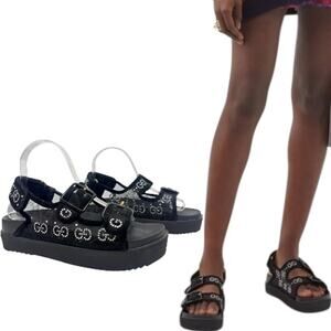 Gucci GG Crystal Embellished Mesh Sandals Black Size 37